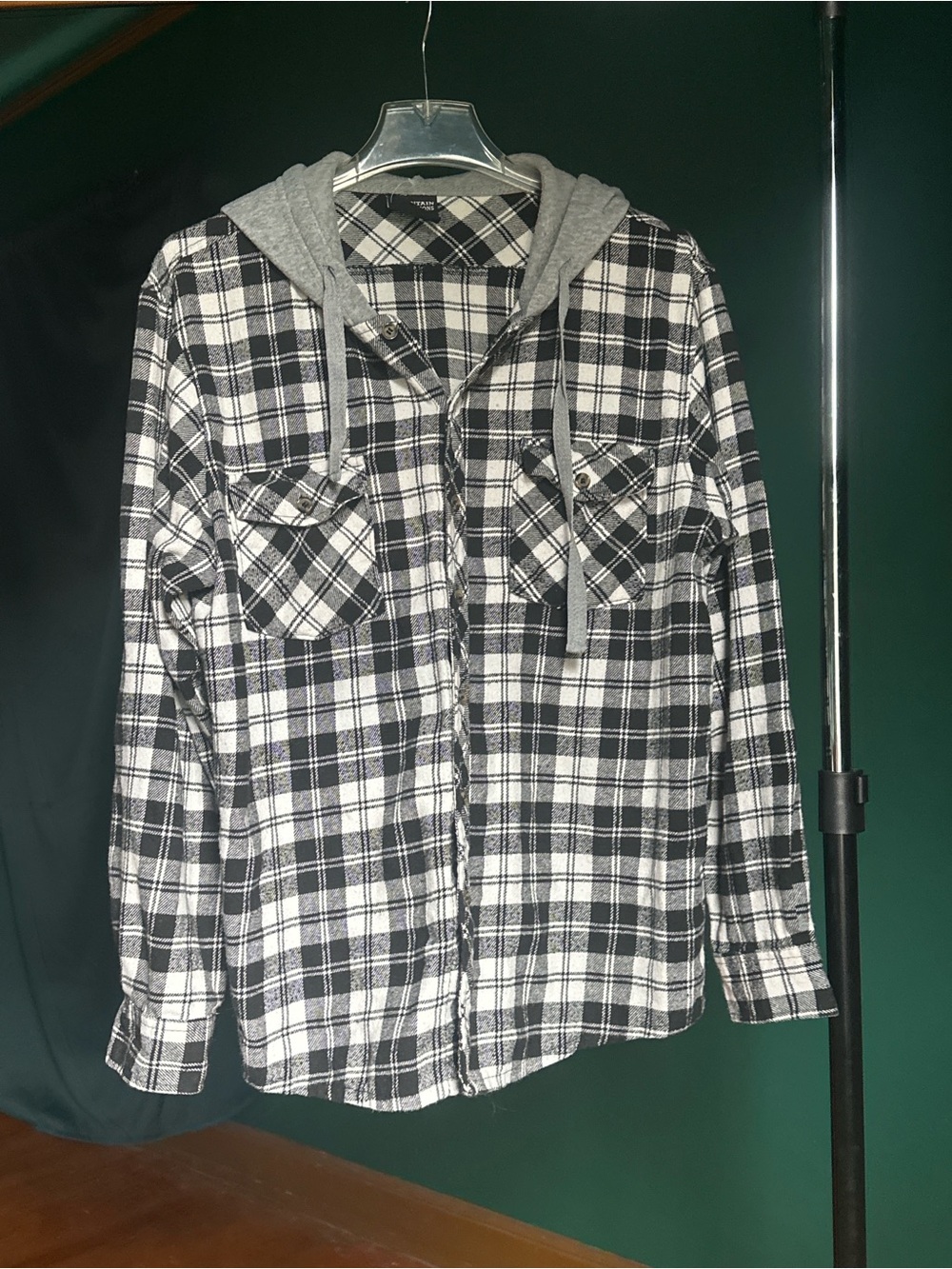 Men's Black & White Plaid Hooded Button-Down Shirt